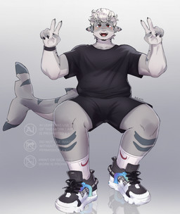 anthro black_nails casual_clothing clothing colored_nails eyebrow_piercing facial_piercing footwear gesture hair hand_gesture male nails piercing red_eyes shark_tail shoes simple_background sneakers socks solo v_sign white_hair bibomusky bobi_arts animal_humanoid aquatic aquatic_humanoid fish fish_humanoid humanoid shark shark_humanoid hi_res watermark