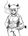 abs cigarette clothing crossgender freckles frown hair heart_symbol horn jacket male monster_girl_(genre) solo topwear anaugi monster_girl_gamu klara_(monster_girl_gamu) animal_humanoid bovid bovid_humanoid bovine bovine_humanoid cattle_humanoid humanoid mammal mammal_humanoid absurd_res black_and_white hi_res monochrome