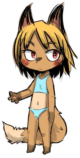 4_fingers blonde_hair blush clothed clothing female fingers hair navel simple_background solo standing doneru 2015