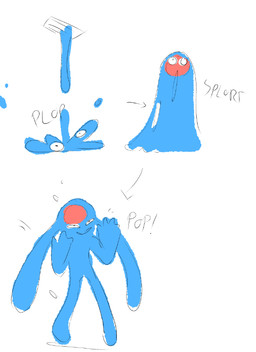 :o ambiguous_gender blue_body blue_goo blue_skin blue_slime open_mouth plop pop_(sound_effect) simple_background solo splurt transformation white_background boxwater rits_(boxwater) goo_creature goo_humanoid humanoid 2025 comic sketch
