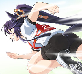 bottomwear butt clothed clothing eyebrow_through_hair eyebrows eyelashes female footwear hair ponytail purple_hair running shirt shoes shorts solo tail topwear translucent translucent_hair horishin cygames uma_musume_pretty_derby narita_brian_(pretty_derby) animal_humanoid equid equid_humanoid equine equine_humanoid horse_humanoid humanoid mammal mammal_humanoid 2023 hi_res