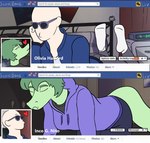 all_fours anthro bald brand_parody clothing detailed_background duo eyes_closed eyewear female green_body green_hair green_scales hair heart_symbol hoodie inside jacket light-skinned_male light_body light_skin long_tail male puckered_lips scales snout sunglasses tail text topwear big_daddy_(artist) cavemanon_studios facebook i_wani_hug_that_gator inco_(iwhtg) olivia_halford baryonyx dinosaur human mammal prehistoric_species reptile scalie spinosaurid theropod 2024 digital_drawing_(artwork) digital_media_(artwork) english_text