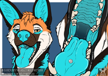 big_ears black_lips blue_body blue_eyes blue_flesh blue_skin blue_tongue breath fangs feral first_person_view fluffy gullet happy heterochromia lateral lips looking_at_viewer mouth_shot open_mouth panting piercing smile teeth throat tongue vore welcoming yellow_eyes wolfywetfurr_(artist) maiao_(wafalex) canid canine canis domestic_dog mammal maned_wolf