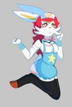 anthro apron bottomwear breasts cleavage clothed clothing cosplay female footwear fur furgonomics hair legwear nurse ribbons skirt socks solo tail tail_through_skirt thigh_highs kitsunekotaro bust_a_groove nintendo pokemon fan_character zan_lapen cinderace generation_8_pokemon pokemon_(species) hi_res