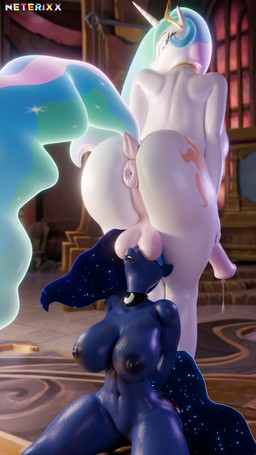 animal_genitalia animal_penis anthro anus areola balls balls_on_face big_breasts big_butt biped blue_body bodily_fluids breasts butt crossgender crown detailed_background duo equine_genitalia equine_penis eyelashes female ftg_crossgender fti_crossgender genital_fluids genitals gynomorph gynomorph/female hair headgear horn intersex intersex/female leaning leaning_forward looking_back multicolored_hair nipples nude penis perineum precum pupils purple_eyes smile tail white_body neterixx friendship_is_magic hasbro my_little_pony mythology princess_celestia_(mlp) princess_luna_(mlp) equid equine mammal mythological_creature mythological_equine unicorn 3d_(artwork) 9:16 digital_media_(artwork) hi_res incest_(lore) sibling_(lore) sister_(lore) sisters_(lore)