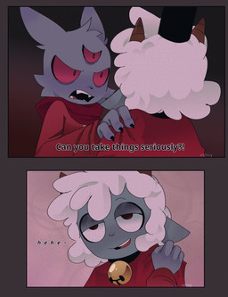 2_horns 2_panel_comic 3_eyes ambiguous_anthro ambiguous_gender anthro bell bell_collar collar dialogue duo eye_contact fur head_tuft horn looking_at_another multi_eye open_mouth red_eyes talking_to_another text tuft white_body white_fur white_wool wool_(fur) xamsdy cult_of_the_lamb massive_monster_(studio) lamb_(cult_of_the_lamb) narinder bovid caprine domestic_cat felid feline felis mammal sheep 2026 absurd_res comic digital_drawing_(artwork) digital_media_(artwork) english_text hi_res