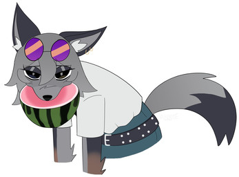 anthro belt black_eyes bottomwear clothing dipstick_tail ear_piercing eyelashes eyeshadow eyewear female food fruit fur glasses grey_body grey_fur grey_hair hair hunched_over inner_ear_fluff looking_at_viewer makeup markings melon narrowed_eyes object_in_mouth pants piercing plant shirt simple_background solo tail tail_markings topwear tuft watermelon valkenite epic_games fortnite wolfie_(fortnite) canid canine canis mammal wolf 2026 digital_drawing_(artwork) digital_media_(artwork) hi_res