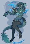 anthro barefoot beads biped bottomwear braided_hair braided_ponytail clothing ear_fins feet female fin freckles gem green_hair gun hair hoodie long_hair membrane_(anatomy) midriff ponytail ranged_weapon shorts solo split_form topwear water weapon webbed_hands vongulli miren marine merfolk