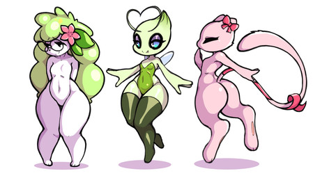 anthro big_butt butt clothing eyewear female fur glasses green_body green_hair group hair legwear looking_at_viewer trio white_body white_fur ayzcube nintendo pokemon celebi generation_1_pokemon generation_2_pokemon generation_4_pokemon legendary_pokemon mew_(pokemon) pokemon_(species) shaymin hi_res