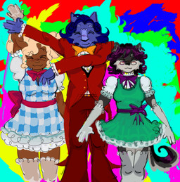 5_fingers >_< anthro blonde_hair blue_clothing blue_dress blue_hair blush bright_colors brown_body claws closed_smile clothing curly_hair dress eyes_closed eyewear facial_tuft female fingers frilly frilly_clothing glasses gloves green_clothing green_dress group hair handwear legwear male mouth_closed purple_bow purple_hair red_bow red_clothing red_suit smile stockings suit trio tuft wearing_glasses yellow_bow iambdacore missysissy valleyos callan_dion daisy_belle_(valleyos) tavin_lowell bovid canid canine canis caprine domestic_dog felid lion mammal pantherine schnauzer sheep trans_(lore) trans_man_(lore) trans_woman_(lore)