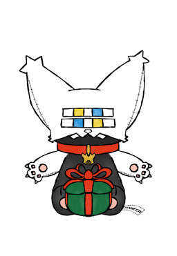 4_eyes anthro bell box collar container fangs gift_box male male/male multi_eye plushie solo tail teeth pixmeer meer_(pixmeer) domestic_cat felid feline felis mammal absurd_res hi_res
