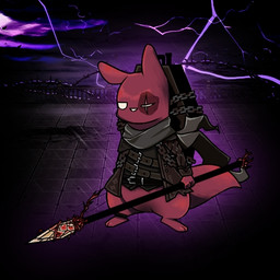 ambiguous_gender belt buckle chain chest_belt clothing coffin detailed_background eye_injury eye_scar facial_scar feral game_background glowing grey_scarf holding_melee_weapon holding_object holding_polearm holding_spear holding_weapon jacket lightning_bolt melee_weapon polearm purple_glow red_body red_tail scar scarf solo spear tail topwear weapon white_eyes shangxia limbus_company project_moon rain_world videocult artificer_(rain_world) erlking_heathcliff_(limbus_company) heathcliff_(limbus_company) slugcat 1:1 2024 low_res