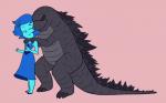 blue_body blue_hair blue_skin bottomwear claws clothing crossover_ship dress duo eyes_closed fangs female grey_body grey_skin hair interspecies long_tail love male male/female romantic romantic_couple short_hair skirt smile spines tail teeth khuzang cartoon_network godzilla_(series) steven_universe toho godzilla lapis_lazuli_(steven_universe) alien alien_humanoid dinosaur gem_(species) humanoid kaiju lapis_lazuli_(gem_species) monster prehistoric_species reptile scalie crack_ship crossover