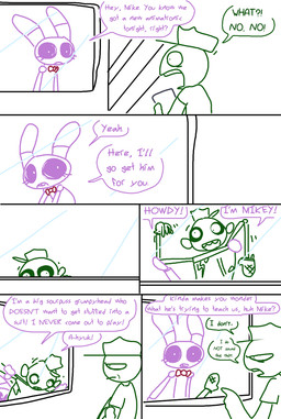 anthro clothing dialogue duo female hat headgear headwear humor machine male mocking puppet shocked text unimpressed the_weaver five_nights_at_freddy's scottgames bonnie_(fnaf) mike_schmidt animatronic human lagomorph leporid mammal rabbit robot comic english_text