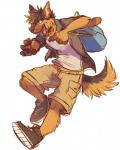 anthro backpack biped black_hair black_nose bottomwear clothed clothing footwear fully_clothed hair jumping looking_at_viewer male shoes shorts solo hoot_(artist) doryuu canid canine canis domestic_dog german_shepherd herding_dog mammal pastoral_dog