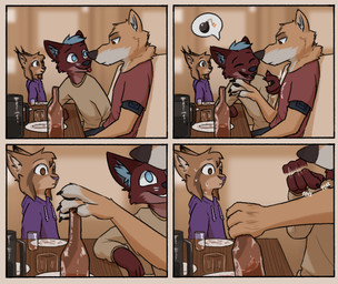 4_panel_comic anthro blue_eyes bodily_fluids bottle brown_body brown_eyes brown_fur cheek_tuft container facial_tuft fur group head_tuft looking_at_another male sitting sweat sweatdrop trio tuft theblueberrycarrots mangrove_(mangrovefox) marc_(theblueberrycarrots) ragey canid canine canis felid feline fox lynx mammal wolf comic digital_drawing_(artwork) digital_media_(artwork) source_request