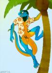 aloha_shirt anthro blue_body blue_skin bottomless claws climbing clothed clothing coconut drupe_(fruit) flaccid food fruit genitals green_eyes humanoid_genitalia humanoid_penis in_tree male multicolored_body multicolored_skin open_clothing open_shirt open_topwear orange_penis palm_tree pattern_clothing pattern_shirt pattern_topwear penis plant scales shirt simple_background smile solo spots teeth toe_claws topwear tree two_tone_body two_tone_skin yellow_penis amit dactyl_(damaratus) gecko lizard reptile scalie 2015 digital_media_(artwork)