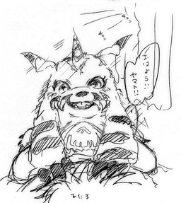 ambiguous_gender animal_skin belly claws duo fur horn morning slightly_chubby straddling striped_body striped_fur stripes text a11s320l55 bandai_namco digimon digimon_(species) gabumon human mammal hi_res japanese_text monochrome