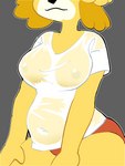 3:4 animal_crossing anthro areola_outline belly big_breasts breasts canid canine canis clothed clothing digital_media_(artwork) domestic_dog female hand_on_leg hand_on_thigh hi_res isabelle_(animal_crossing) mammal navel navel_outline nintendo nipples panties pantsless potbelly shih_tzu shirt slightly_chubby solo strawberrywith4 t-shirt topwear torso_shot toy_dog translucent translucent_clothing underwear wet wet_clothing wet_shirt wet_topwear yellow_body yellow_nipples