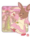 4:5 absurd_res anthro bifudon_yes clock clock_tower clothing dress female hi_res lagomorph leporid letter mammal maple_town patty_(maple_town) plant rabbit solo tree windmill