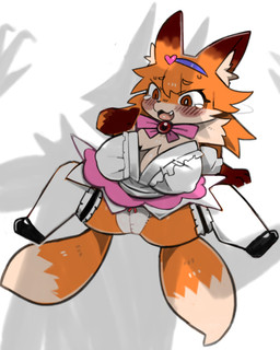 2_tails accessory anthro big_breasts biped black_clothing black_footwear black_shoes blush bodily_fluids bow_tie breasts brown_body brown_fur cheek_tuft chest_tuft clothed clothed_anthro clothed_female clothing curvy_figure dipstick_tail facial_tuft fangs female flats_(shoes) footwear front_view fully_clothed fully_clothed_anthro fully_clothed_female fur fur_tuft gem head_tuft headband huge_breasts inner_ear_fluff leaning leaning_backward legwear maid_uniform markings multi_tail nipple_outline offscreen_character open_mouth orange_body orange_fur panties plantigrade red_eyes shadow shoes short short_anthro short_female shortstack silhouette silhouetted_body simple_background solo stockings tail tail_markings tan_body tan_fur tears teeth thick_thighs tuft underwear uniform white_background wide_hips pizademokttero mahou_shoujo_full_heart kokon canid canine fox mammal 2025 4:5 absurd_res digital_drawing_(artwork) digital_media_(artwork) hi_res