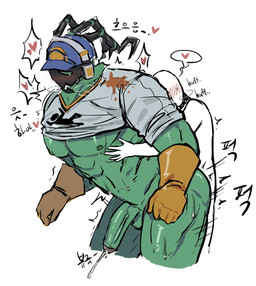 abs anal balls barazoku blush bodily_fluids bone breath clothed clothing clothing_lift cum cum_while_penetrated duo ejaculation electronics from_behind_position genital_fluids genitals gloves green_body green_eyes handwear hat headgear headphones headwear heart_symbol holding_chest horn latex latex_clothing latex_gloves latex_handwear male male/male motion_lines muscular muscular_arms muscular_legs muscular_male paint_on_clothing panting pecs penetration penis peuhehe rolled_up_sleeves self_insert sex shirt shirt_lift shirt_pulled_up simple_background size_difference skull skull_head small_top_big_bottom standing sweat thrust_lines thrusting topwear league_of_legends riot_games tencent thresh human humanoid mammal spirit hi_res