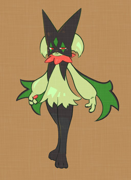 3_fingers ambiguous_gender anthro brown_background cape claws clothing facial_markings feet finger_claws fingers flower_(anatomy) fur green_body green_fur green_legs green_mask handpaw head_markings jagged_mouth leaf_(anatomy) markings mask open_mouth pawpads paws pupils red_eyes simple_background slit_pupils solo standing white_sclera momensarada nintendo pokemon generation_9_pokemon meowscarada pokemon_(species) 2023 absurd_res colored full-length_portrait hi_res portrait
