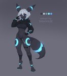 anthro anthrofied belt_collar bioluminescence black_clothing black_gloves black_handwear chain_jewelry clothing female gloves glowing grey_hair hair handwear hoodie markings navel pokemorph solo standing tail toned_female topwear shiawaseart nintendo pokemon eeveelution generation_2_pokemon pokemon_(species) umbreon hi_res model_sheet