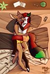 anthro bed_sheet bedding book clothing cuddling duo electronics eyewear glasses headphones male male/male phone plant sleeping snoring tail underwear viola_bat victor_johansen viola_bat_(character) bat canid canine felid fox hybrid lion mammal pantherine 2021 absurd_res hi_res signature warm_colors