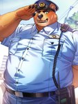 3:4 anthro bear belly belt bottomwear brown_body brown_fur clothing eyebrows fur gesture green_eyes hi_res kemono male mammal oaks16 overweight overweight_male pants pawpads police police_hat police_officer salute scar shirt solo thick_eyebrows topwear uniform