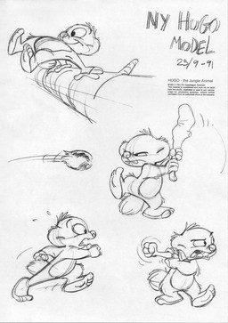 4_fingers angry anthro biped fingers fist food fruit fur holding_bat looking_aside male on_one_leg open_mouth plant simple_background smile solo standing surprised tail teeth text walking white_background dan_harder jungledyret_hugo hugo_(jungledyret) mammal marsupial vombatiform 1991 concept_art danish_text english_text model_sheet monochrome official_art traditional_media_(artwork)