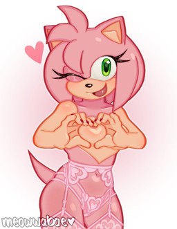 anthro breast_squish breasts clothing colored_nails female garter_belt garter_belt_leggings garter_straps gesture green_eyes hand_on_breast heart_gesture lingerie medium_breasts nails oppai_heart pink_body solo squish thick_thighs meowwabae sega sonic_the_hedgehog_(series) amy_rose eulipotyphlan hedgehog mammal