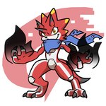 anthro claws horn male red_body scarf smile smirk solo tail yellow_eyes crantime_(artist) bandai_namco digimon digimon_ghost_game mythology betelgammamon digimon_(species) dragon mythological_creature mythological_scalie scalie 1:1