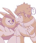 accidental_kiss anthro beak blush duo male male/male text mofumi_corvus bandai_namco digimon digimon_survive falcomon_(survive) minoru_hyuga avian bird digimon_(species) falcomon human mammal hi_res japanese_text