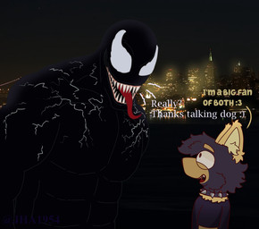 clothing collar collared_shirt dialogue duo male male/male metal_collar muscular muscular_male night polo_shirt san_francisco shirt symbiote_host tongue tongue_out topwear venom mar10-k4rt marvel eddie_brock venom_(marvel) alien canid canine canis domestic_dog herding_dog humanoid mammal pastoral_dog symbiote welsh_corgi hi_res