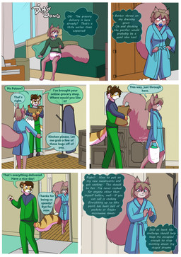 anthro bathrobe bed clothing coat_rack dialogue diaper duo female furniture male pacifier paper_bag robe tail text window babystar gemma_polson felid mammal pantherine rodent sciurid tiger tree_squirrel comic english_text hi_res