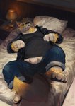 anthro bed bedroom bottomwear clothing furniture humanoid_hands kemono lying male overweight overweight_male pants pillow shirt solo topwear white_body racoonwolf heulen_(character) canid canine canis mammal wolf 2022 digital_media_(artwork) digital_painting_(artwork) full-length_portrait portrait