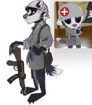 ak-47 ak_platform anthro armor assault_rifle bag clothed clothing field_medic gun headgear helmet looking_away male medic military military_uniform pantsless ranged_weapon rifle shoulder_bag soldier solo standing uniform warrior weapon piicktale pixile_studios super_animal_royale mammal procyonid raccoon hi_res