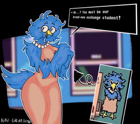 anthro beaded_jewelry beaded_necklace beads beak breasts clothed clothing dialogue_box dress eyewear feathered_wings feathers female gem glasses hair jewelry mature_female messy_hair necklace pearl_(gem) pearl_necklace screencap solo text wearing_glasses wings yanisp5 undertale undertale_(series) berdly's_mom avian bird monster digital_media_(artwork) english_text hi_res pixel_(artwork) reference_image