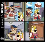 anthro backwards_baseball_cap backwards_hat baseball_cap blush butcher clothing dialogue duo food hat headgear headwear heart_symbol humor innuendo male male_anthro meat misunderstanding one_eye_closed sausage wink gabshiba gab_(comic) gab_shiba canid canine canis domestic_dog mammal shiba_inu spitz comic pictographics