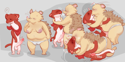 4_toes 5_fingers anthro areola balls big_areola big_penis blush blush_lines bodily_fluids breast_squish breasts butt camel_toe clothed clothing erection fangs feet female female_anthro fingers foreskin genital_fluids genitals glans grey_background kerchief kiss_on_lips kissing leaking_precum long_body long_torso lying male male_anthro mostly_nude mostly_nude_anthro mostly_nude_male navel nipples overweight overweight_anthro overweight_female panties penis penis_on_belly pink_glans pink_penis plump_camel_toe precum quills_(anatomy) red_body simple_background squish tail tan_body teeth throbbing throbbing_balls throbbing_penis toes topless topless_anthro topless_female underwear white_balls white_body kaboozey natural_habitat_shorts jason_(natural_habitok) lisa_(natural_habitok) eulipotyphlan hedgehog mammal mustelid musteline true_musteline weasel hi_res