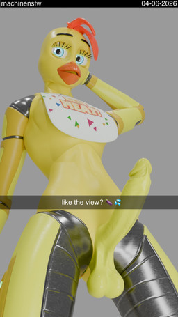 anthro balls beak big_balls big_penis bioluminescence blue_eyes crossgender cuff_(restraint) erection eyebrows eyelashes floor ftm_crossgender genitals glowing grin grinning_at_viewer hair looking_at_viewer machine male metal_cuffs orange_hair penis restraints selfie smile smiling_at_viewer smirk solo yellow_body machinensfw disembowell_(modeler) red-eye_(modeler) five_nights_at_freddy's five_nights_at_freddy's_2 scottgames snapchat toy_chica_(fnaf) animatronic avian bird chicken galliform humanoid phasianid robot 3d_(artwork) 9:16 blender_(artwork) blender_cycles_(artwork) digital_media_(artwork) hi_res