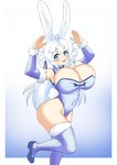 big_breasts big_butt blue_eyes blush breasts butt cleavage clothed clothing female hair huge_breasts looking_at_viewer navel open_mouth smile solo standing thick_thighs white_hair wide_hips puffywaffles animal_humanoid humanoid lagomorph lagomorph_humanoid leporid_humanoid mammal mammal_humanoid rabbit_humanoid character_request hi_res