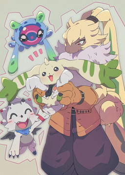 anthro blush bottomwear chibi clothing fluffy fluffy_chest fur gloves group handwear kemono long_ears male orange_eyes pants ponytail_ears shirtless small_waist yellow_body yellow_fur kyuu_may_9 bandai_namco digimon digimon_ghost_game digimon_(species) gammamon jellymon lagomorph leporid mammal rabbit symbareangoramon terriermon hi_res