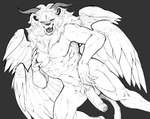 4_wings abs anthro balls big_penis biped fangs feathered_wings feathers foreskin genitals grey_background hand_on_chest horn humanoid_genitalia humanoid_penis looking_at_viewer male male_anthro mane multi_wing muscular muscular_anthro muscular_male open_mouth open_smile partially_retracted_foreskin pecs penis pubes simple_background smile solo teeth tongue vein veiny_penis wings custapple delicious_in_dungeon iranian_mythology middle_eastern_mythology mythology winged_lion_(delicious_in_dungeon) felid lion mammal manticore pantherine 2022 digital_media_(artwork) greyscale monochrome