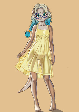5_fingers 5_toes :3 accessory anthro barefoot big_glasses biped black_eyebrows black_nose blonde_hair blue_eyes blue_eyewear blue_glasses blue_hair braided_hair braided_pigtails brown_body brown_markings brown_tail butt butt_from_the_front closed_smile clothed clothed_anthro clothed_female clothing collarbone countershade_face countershade_neck countershade_tail countershade_torso countershading dress eyebrow_through_hair eyebrows eyewear facial_markings feet female female_anthro fingers forehead_markings front_view genitals glasses gradient_hair hair hair_accessory head_markings humanoid_feet humanoid_genitalia humanoid_hands humanoid_vulva ineffective_clothing innie_vulva iris long_hair looking_at_viewer markings monotone_background monotone_clothing monotone_dress mouth_closed multicolored_body multicolored_hair multicolored_tail navel no_underwear orange_accessory orange_hair_accessory pigtails plantigrade pose pupils round_glasses shadow simple_background slim slim_anthro slim_female smile smiling_at_viewer solo standing sundress tail tan_background toes translucent translucent_clothing translucent_hair twin_braids two_tone_body two_tone_tail vulva wearing_glasses white_body white_countershading white_sclera white_tail yellow_clothing yellow_dress young young_anthro young_female squeak83 abigail_brooks_(risingdragon) mammal mustelid otter 2026 absurd_res english_description full-length_portrait hi_res pinup portrait shaded
