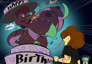 anthro areola big_areola big_breasts big_nipples blood bodily_fluids breasts brown_hair cake clothing container cup dessert exclamation_point eyewear female food freckles genitals glasses green_hair group hair hat headgear headwear holding_container holding_cup holding_object huge_areola huge_breasts huge_nipples hyper hyper_breasts male multicolored_body nipples nosebleed nude onomatopoeia open_mouth pokemorph purple_areola purple_nipples red_eyes red_eyewear red_glasses shirt shortstack shortstack_female size_difference smaller_female sound_effects tattoo text topwear trio two_tone_body vulva wardrobe_malfunction white_body penlink nintendo pokemon sketchian_multiverse anthonym_(truearena111) smol_boss_(penlink) generation_3_pokemon generation_5_pokemon generation_7_pokemon human humanoid hybrid kirlia legendary_pokemon mammal marshadow pokemon_(species) scrafty 2025 digital_media_(artwork) english_text