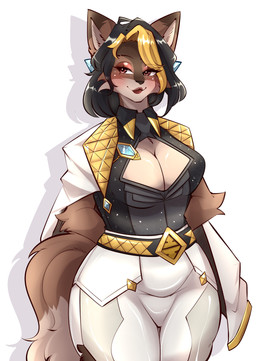 anthro black_hair blonde_hair blush brown_body brown_fur cleavage_cutout clothed clothing cutout eyeshadow female fur hair inner_ear_fluff makeup multicolored_body multicolored_fur multicolored_hair simple_background smile solo tail tan_body tan_fur tuft white_background zevulpes blizzard_entertainment overwatch domina_(overwatch) canid canine fox mammal 2026 hi_res