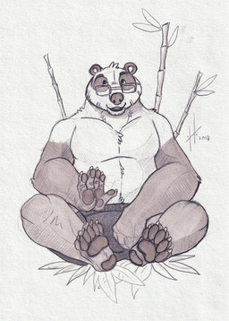 anthro bamboo clothed clothing eyewear fingerpads front_view glasses head_tuft male male_anthro open_mouth overweight overweight_anthro overweight_male pawpads rectangular_glasses sitting solo topless tuft hufnaar bear giant_panda mammal hi_res sketch