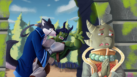 fantasy group helpless licking male male/male outside romantic ruins tongue tongue_out sk8th dungeons_and_dragons hasbro wizards_of_the_coast canid canine canis humanoid kobold mammal orc scalie wolf 16:9 hi_res widescreen